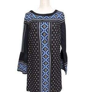 LOFT Boho Bell Sleeve Shift Dress Black Blue Aztec Print Size Small